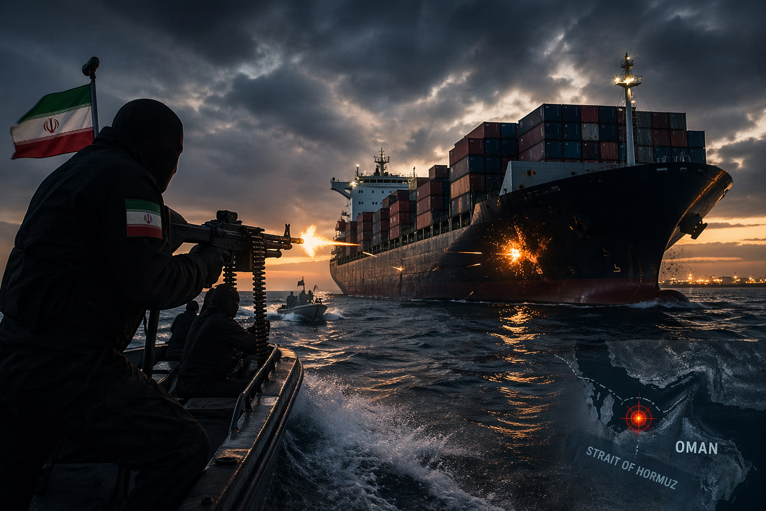 Iran’s Gunboats Open Fire in Hormuz Flashpoint as Container Ship Hit Amid Rising Blockade Crisis