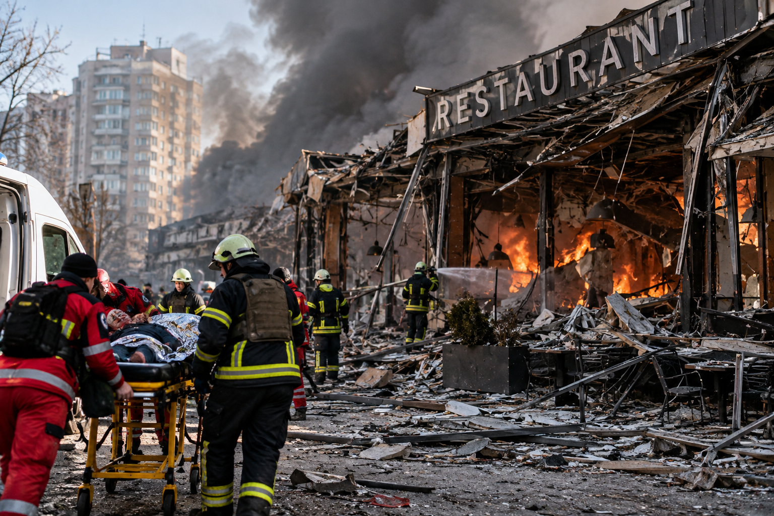 Russian Missile Smashes Into Kyiv Restaurant As Seven Are Wounded And Three Fight For Their Lives