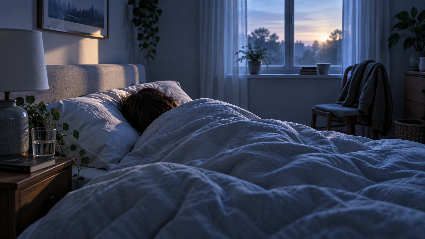 A person beneath a duvet in a quiet bedroom lit by blue morning light.
