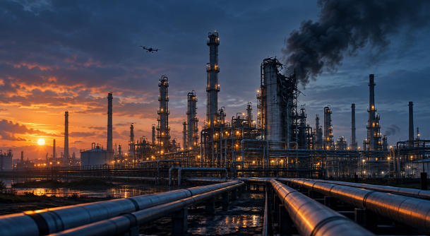 Conceptual illustration of a damaged oil refinery and pipelines at dusk after drone attacks