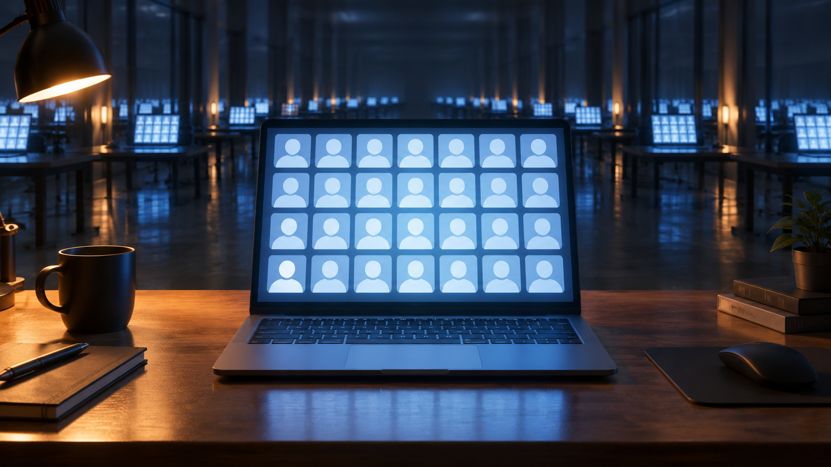 A laptop displaying repeated blank profile symbols in a dim room with reflected screens.