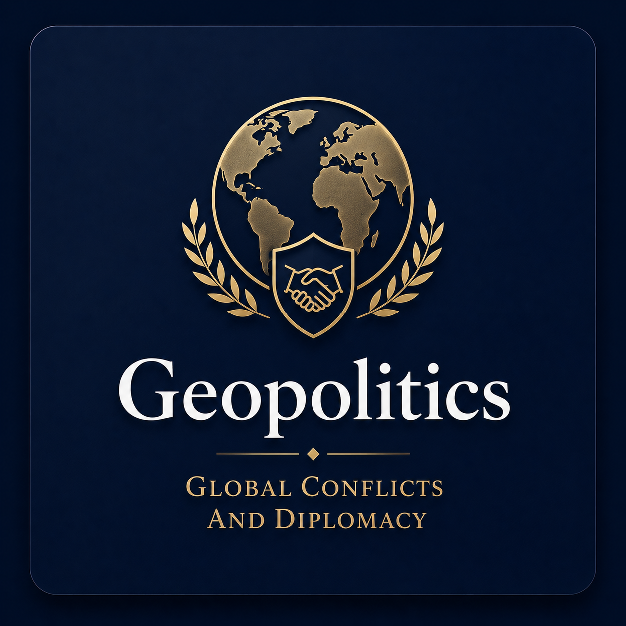 Book cover titled 'Geopolitics: Global Conflicts and Diplomacy' with an illustration of a globe, a handshake inside a shield, and laurel leaves in gold on a dark blue background.