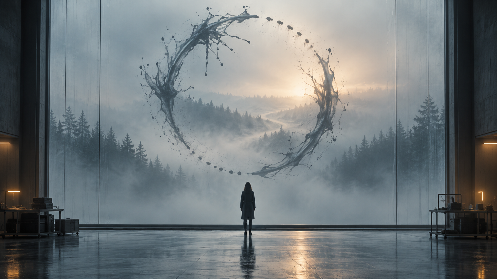 A lone linguist facing a vast misty window while a circular ink-like alien symbol hangs beyond the glass.