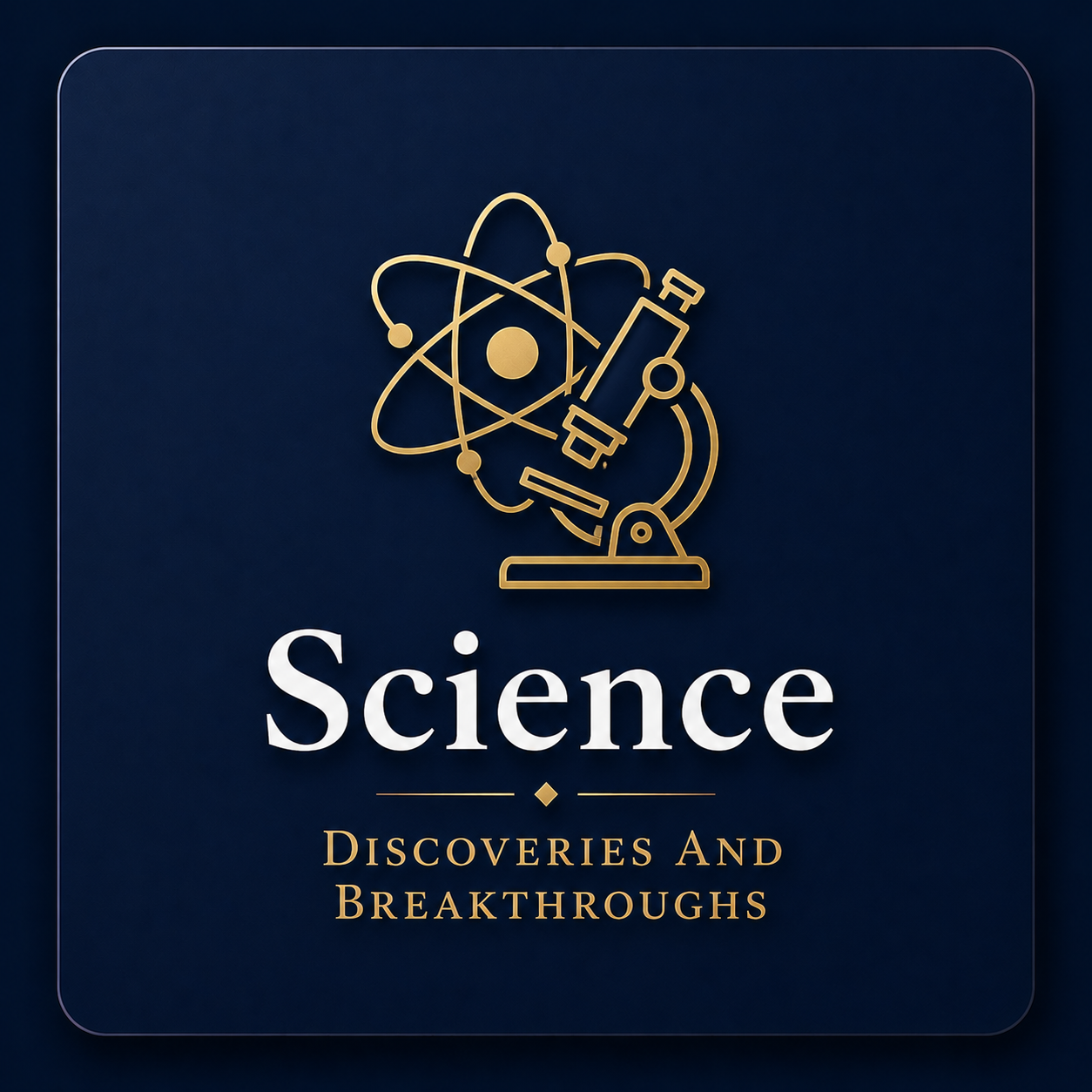 A gold outline illustration of a microscope and an atomic model on a dark blue background. The word 'Science' is written in large white letters, with the subtitle 'Discoveries and Breakthroughs' in smaller gold letters below.