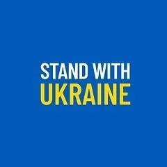 Blue background with white and yellow text that reads 'Stand with Ukraine'.