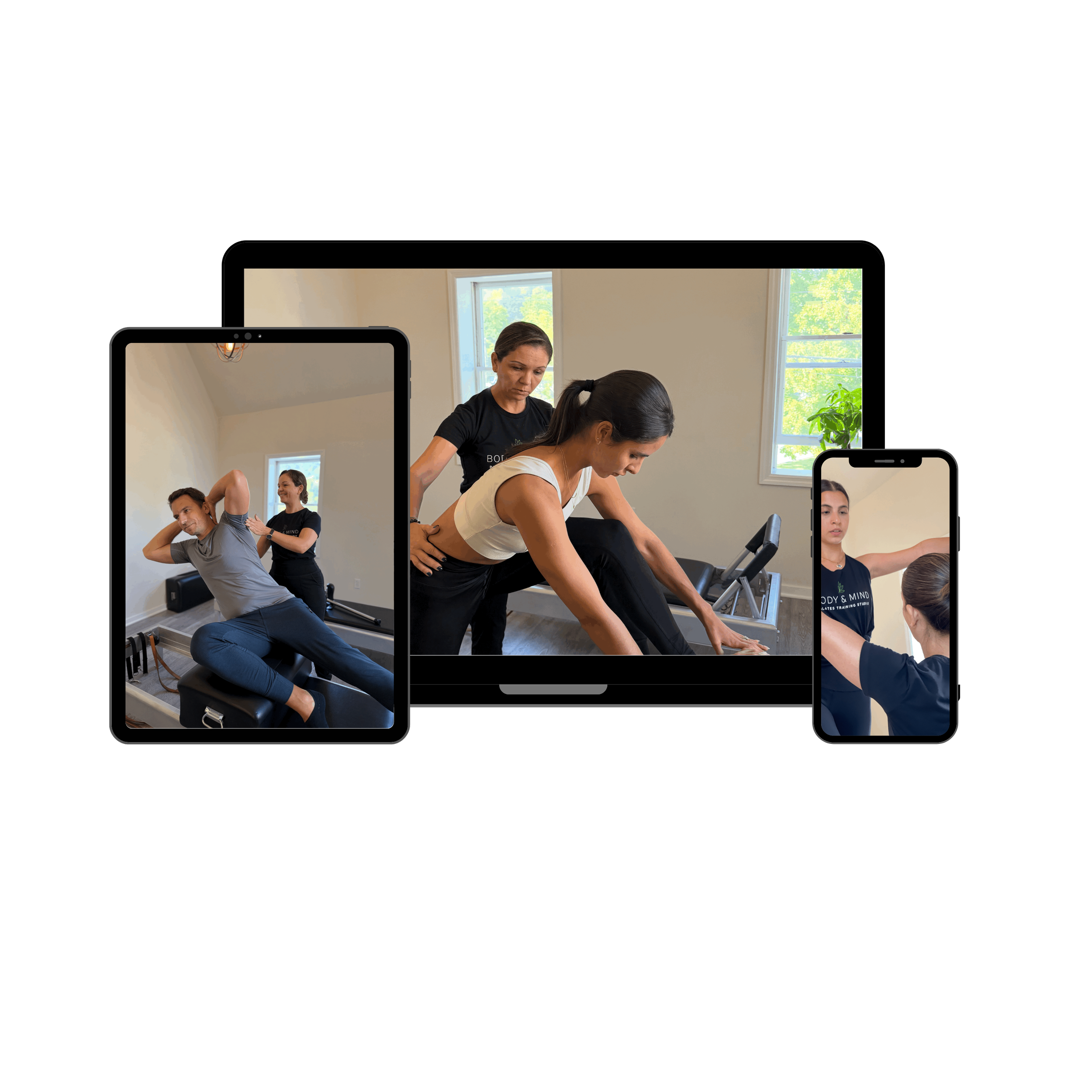Images of people doing physical therapy and exercise, shown on smartphones and a laptop screen.
