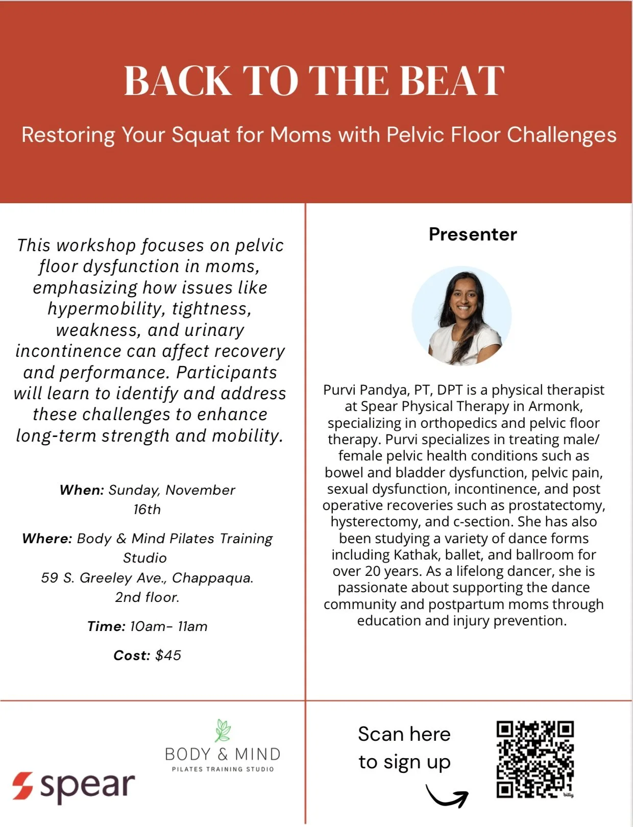 A flyer for a workshop titled 'Back to the Beat' focusing on pelvic floor exercises for postpartum women, with details about the date, location, and presenter, including a photo of a smiling woman.
