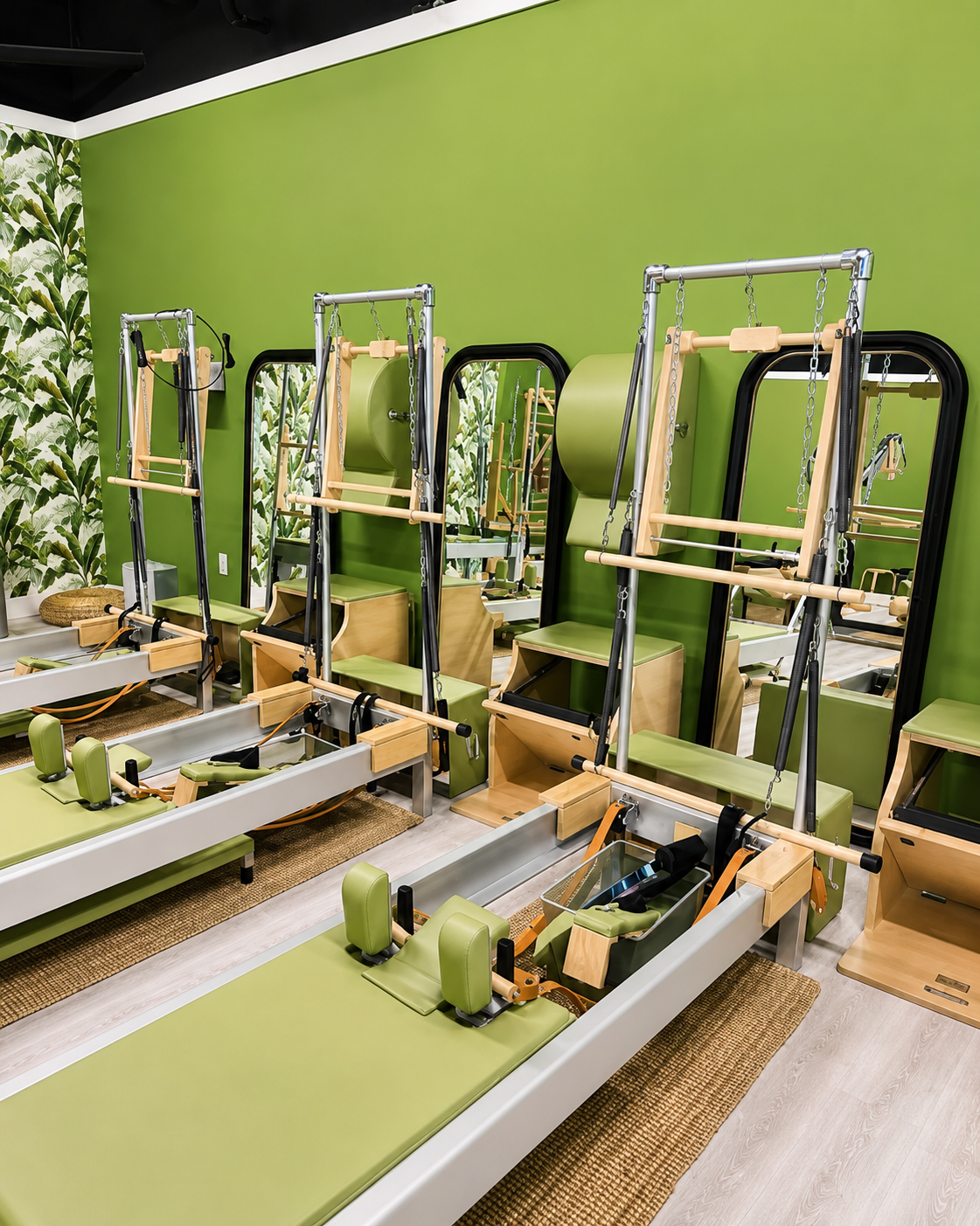 Pilates room with green walls and Pilates reformer machines.