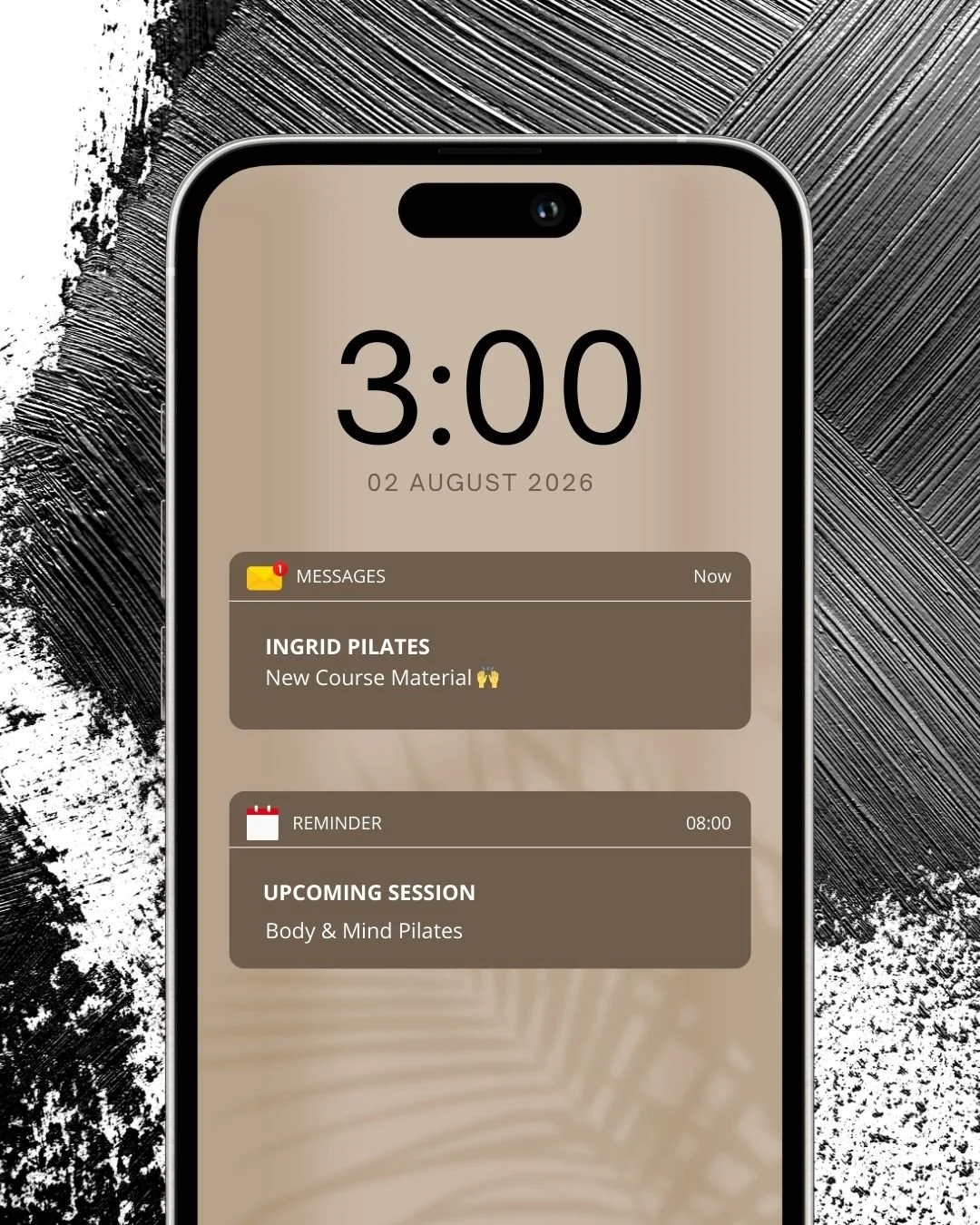 Smartphone screen showing the time 3:00 on August 2, 2026, with notifications including a message from Ingrid Pilates and a reminder for an upcoming body and mind Pilates session.