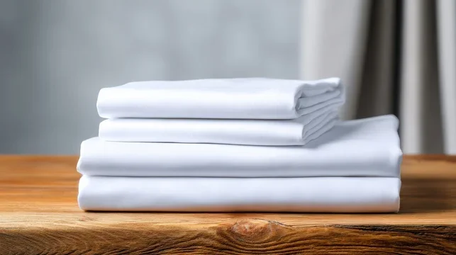 Stack of folded white bedsheets on wooden surface.