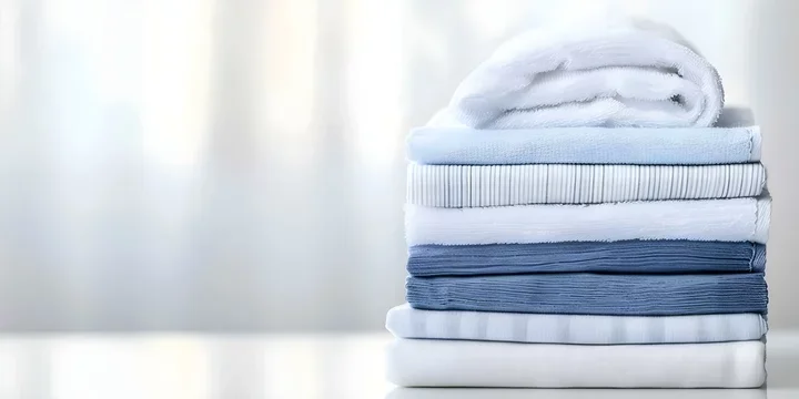 Stack of folded and rolled white and blue towels on a white surface.