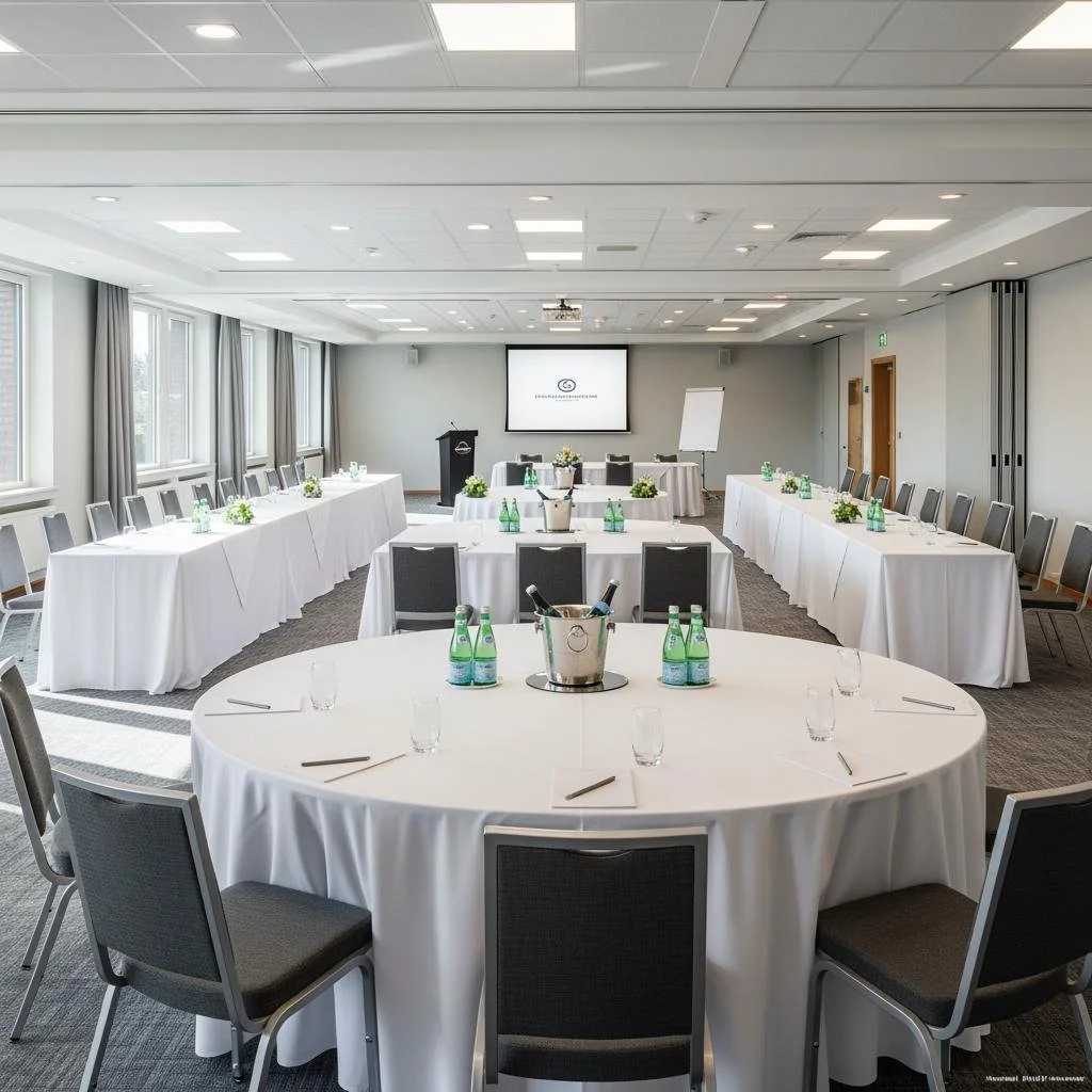 Empty conference room with long and round tables covered in white tablecloths, arranged in a U-shape, with chairs around them. Bottled water, glasses, and small floral arrangements are on the tables. There is a podium, a large screen, and a whiteboard at the front of the room. Large windows with gray curtains line one side of the room, allowing natural light in.