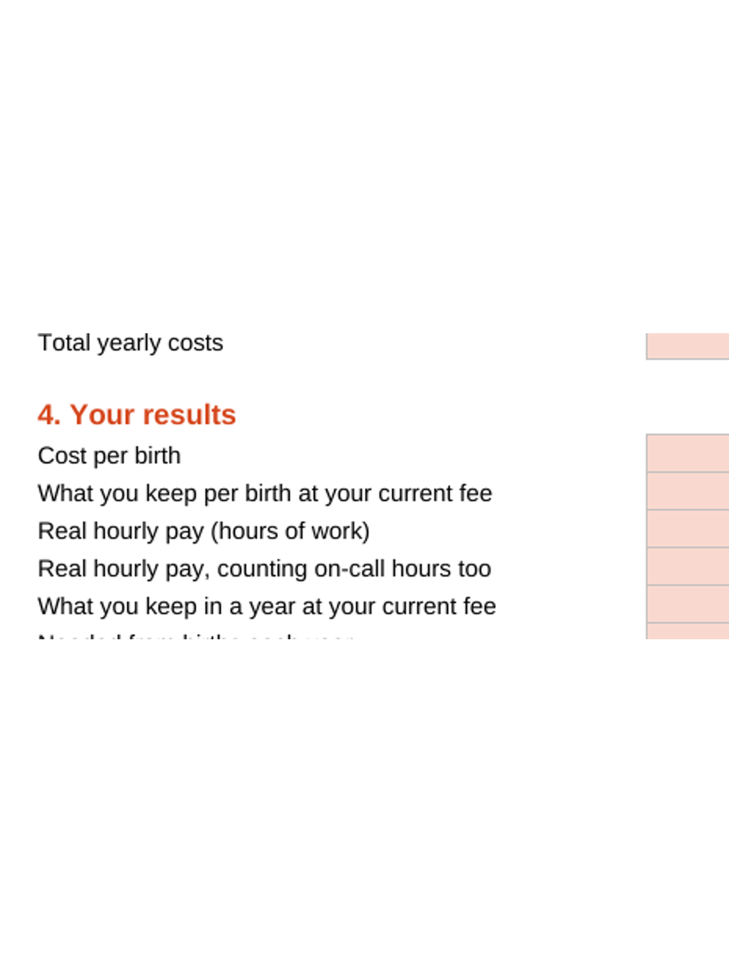 Midwife fee worksheet results showing cost per birth, real hourly pay and suggested fee