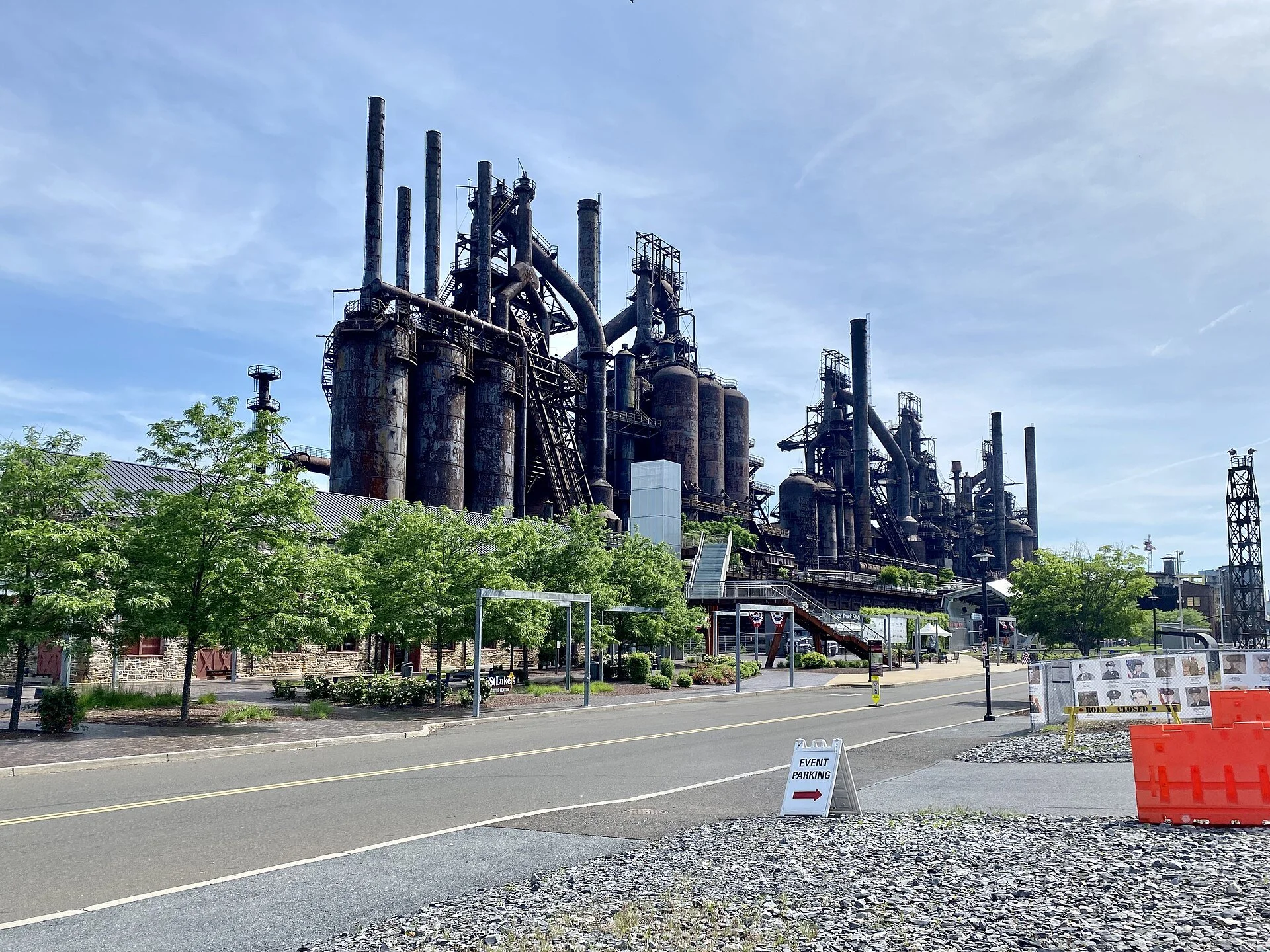 The towering rusted blast furnaces of the former Bethlehem Steel plant, now the SteelStacks arts and culture campus in Bethlehem, Pennsylvania