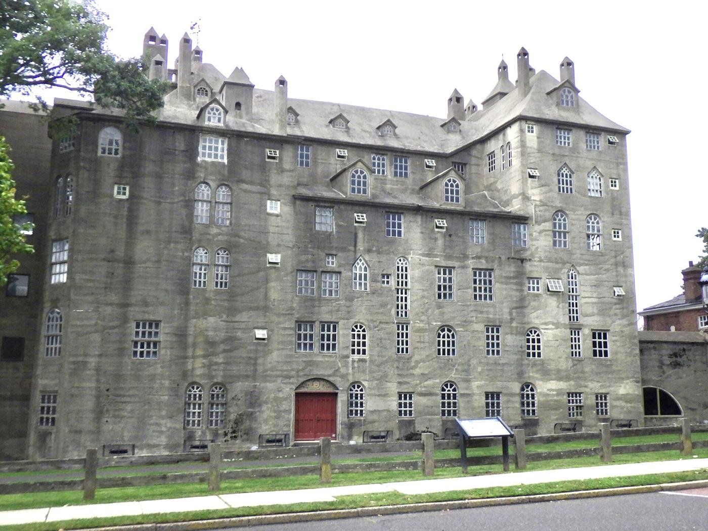 The poured-concrete Mercer Museum, with its turrets and chimneys, in Doylestown, Pennsylvania
