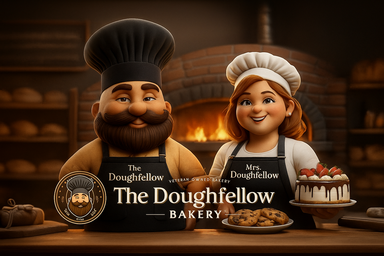 Animated characters of a male baker with a black chef hat and a female baker with a white chef hat, standing in a bakery with a brick oven and shelves of bread behind them. The male baker has a beard and mustache, and the female baker has red hair. They are both wearing black aprons with bakery logos. The female baker is holding a cake with strawberries and cream, and the male baker has a plate of cookies in front of him.