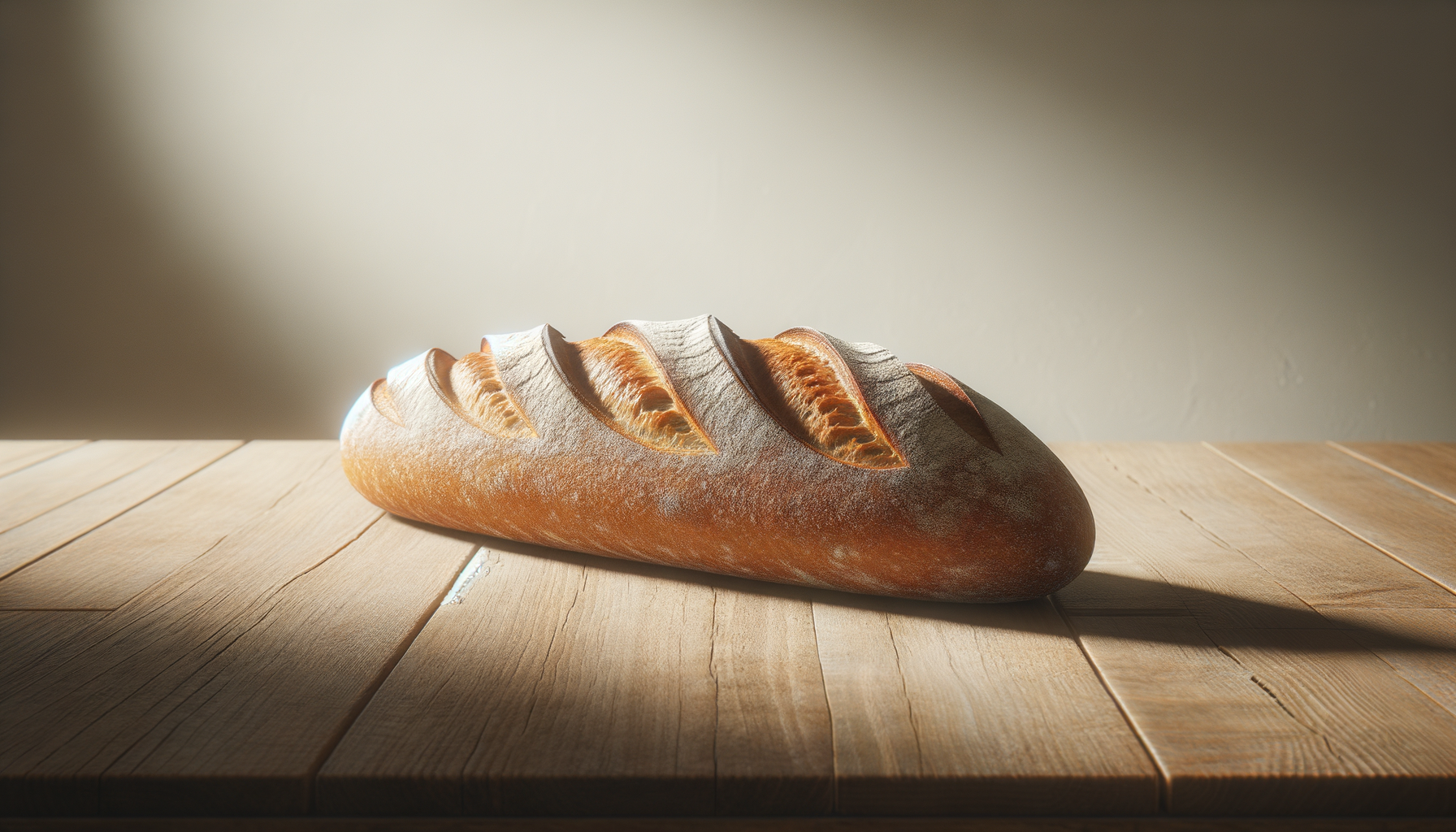 Freshly baked loaf of bread with scoring on top, placed on a wooden surface, with sunlight casting a shadow.