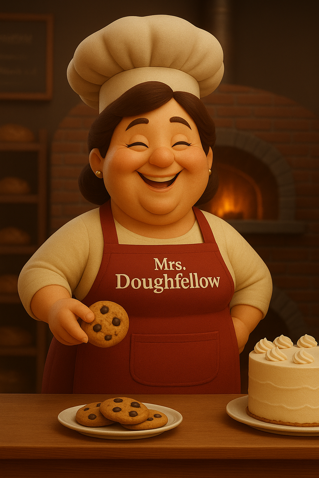 A cartoon character of a middle-aged woman dressed as a baker, wearing a chef's hat and a red apron with 'Mrs. Doughfellow' written on it. She is holding a chocolate chip cookie and smiling, with a plate of cookies and a cake on the counter in front of her.