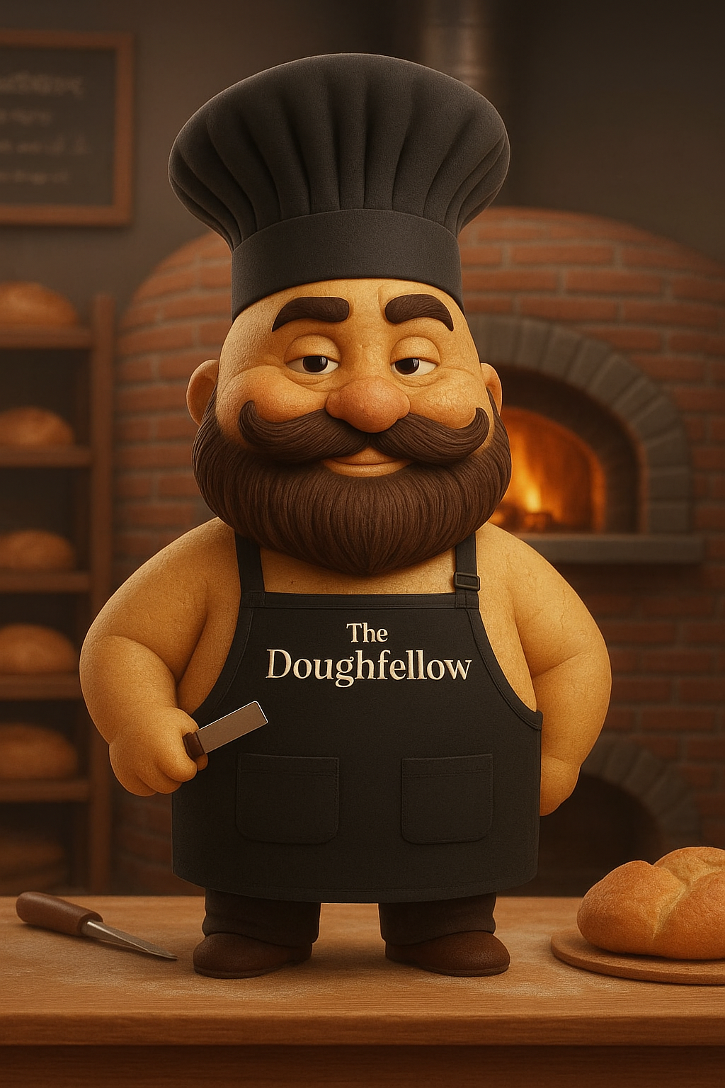 A animated character of a baker with a beard and mustache, wearing a chef's hat and apron that says "The Doughfellow," holding a small knife in a bakery with dough and bread on a wooden table and shelves filled with bread in the background.