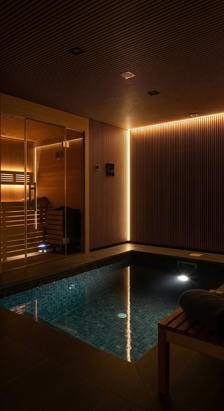 Indoor hot tub or small pool with dark tile, surrounded by wooden slat walls and ceiling, illuminated by warm ambient lighting.