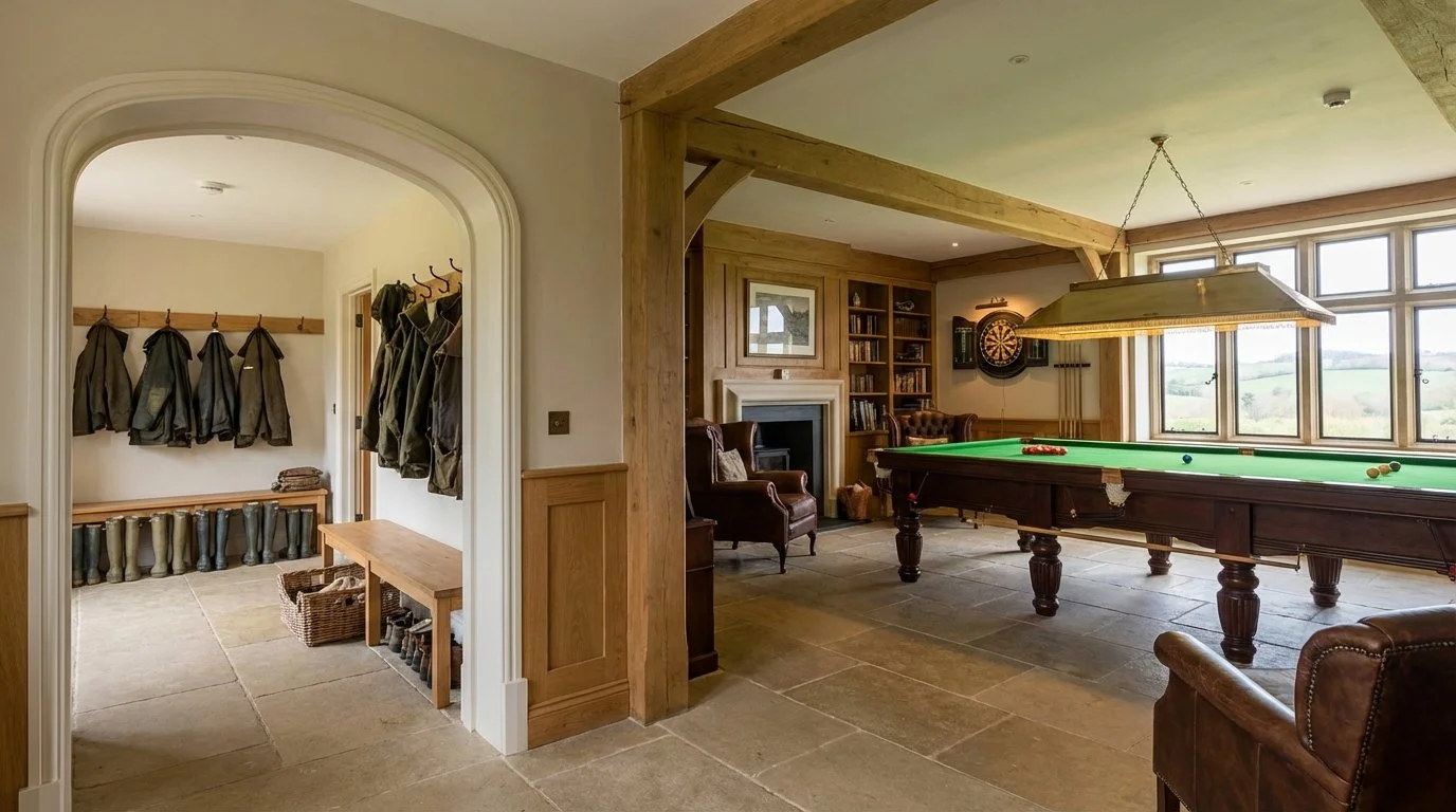 A room with a billiards table near large windows, wooden beams and built-in bookshelves, with a cozy sitting area and dartboard; adjacent hallway with coat hooks and boots.