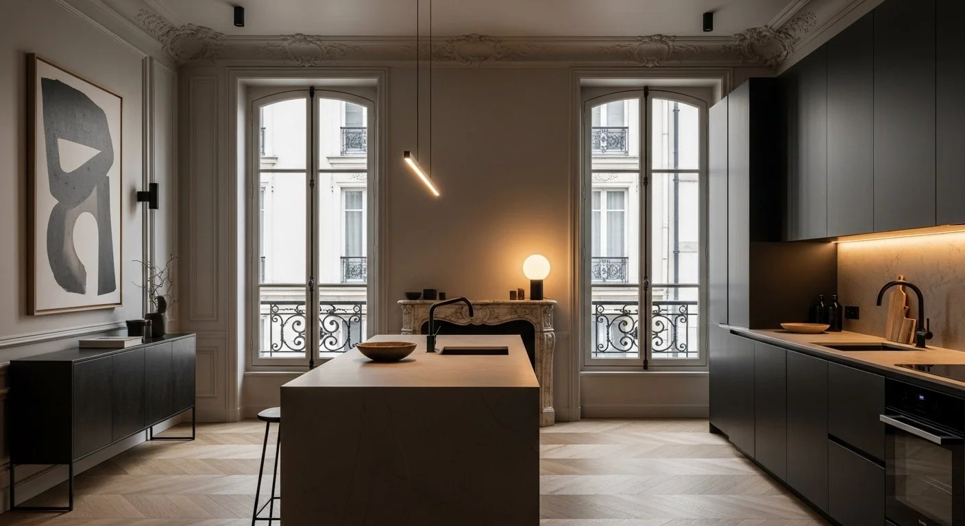Modern kitchen with black cabinets, a central island, and large windows with decorative railings. There is a minimalist hanging light, a small table lamp, and a fireplace mantle. The decor includes a large abstract art piece and some vases.