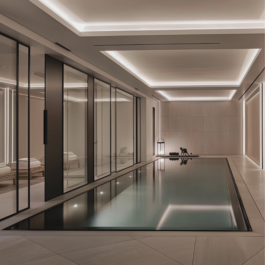 Modern indoor swimming pool with glass walls, minimalist decor, and ambient lighting.