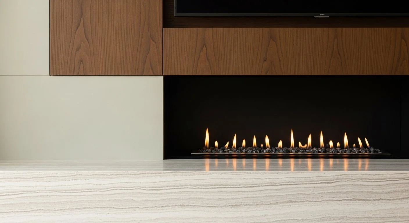 A modern fireplace with a row of flames on a bed of decorative stones, set into a black surround, with wood and beige decor around it.