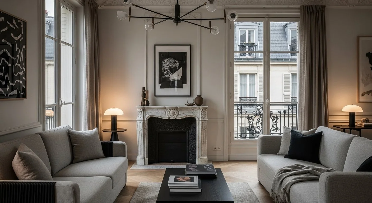 Living room with two white sofas, two side tables with lamps, and a fireplace with artwork above. Large windows with beige curtains provide a view of classic Parisian buildings.
