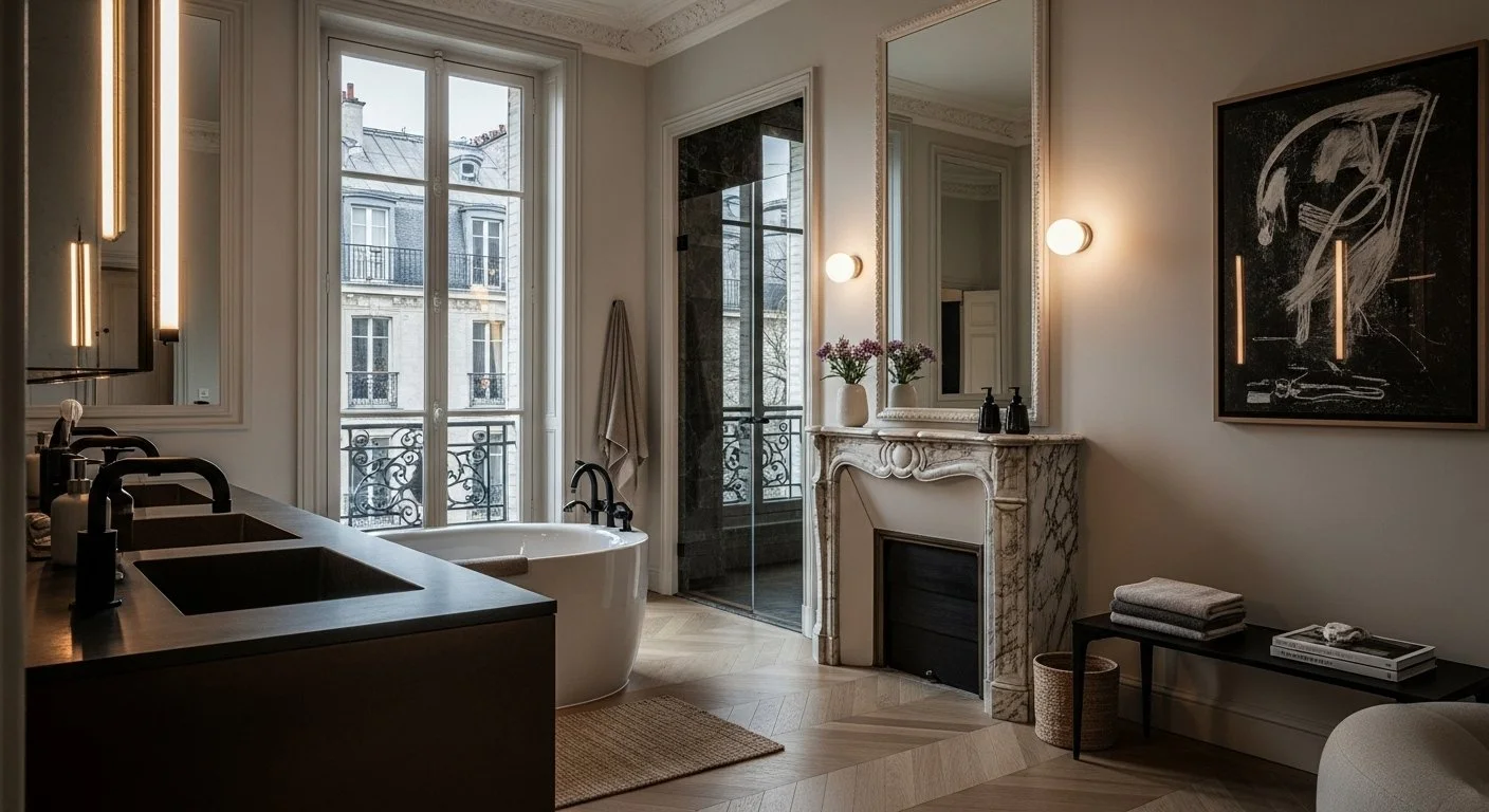 Luxury bathroom featuring a double vanity with black sinks, a large window with a balcony view, a freestanding bathtub, a marble fireplace with flowers on top, a glass-enclosed shower, and modern wall-mounted lights.