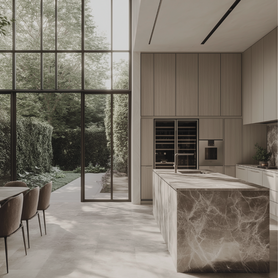 Modern kitchen with large window overlooking a lush garden, featuring a marble island, wooden cabinetry, and dining chairs.