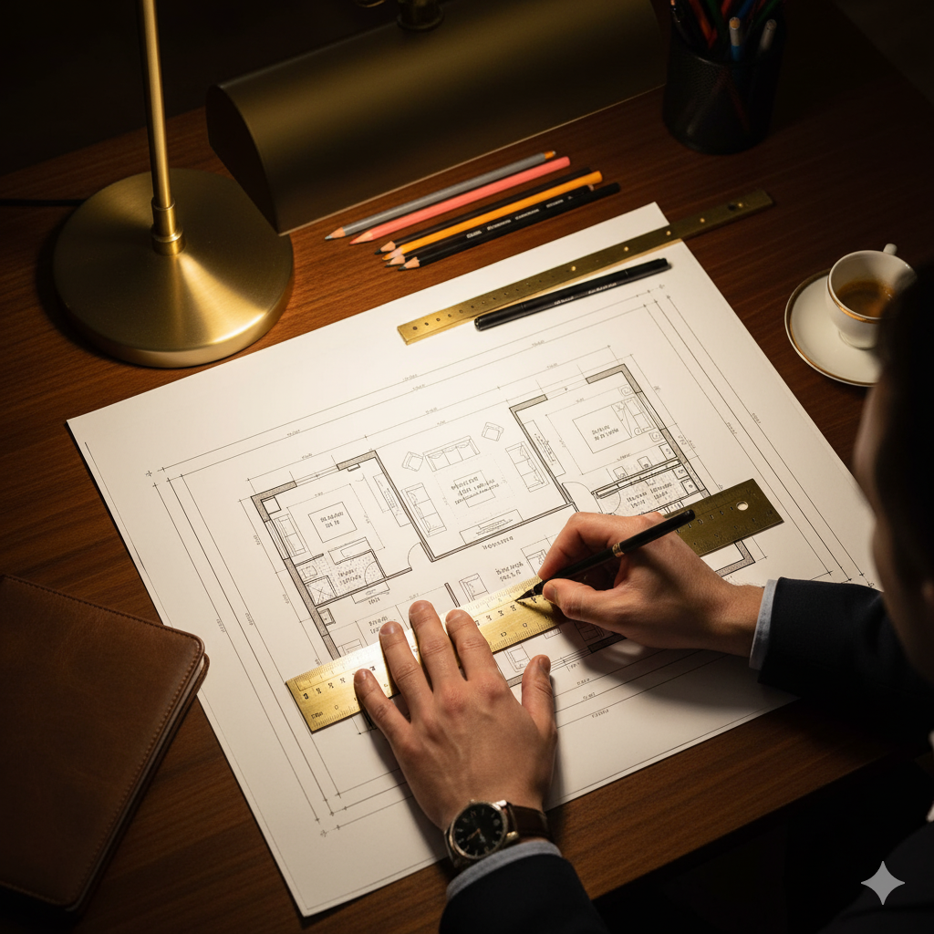 A person working on an architectural floor plan at a desk with a ruler, pencils, and a cup of coffee.
