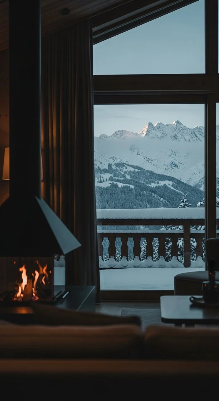 Snow-covered mountains seen through large window of a cozy living room, with a fireplace burning inside.