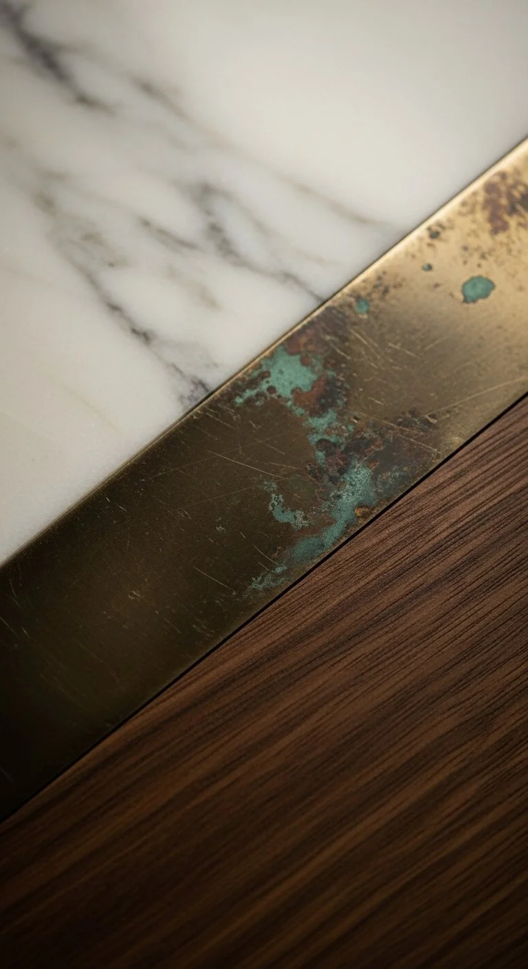 Close-up of a corner of a marble surface, tarnished brass surface with turquoise corrosion, and wood surface.