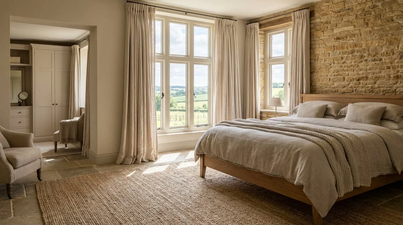 A spacious bedroom with a large bed, beige bedding, and multiple pillows. There are large windows with cream-colored curtains, revealing a scenic rural landscape outside. The room has a rustic brick wall behind the bed, a beige armchair near the wind