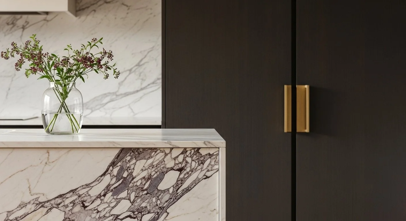 A marble countertop with a vase of green and purple wildflowers, dark cabinets with gold handles in the background.