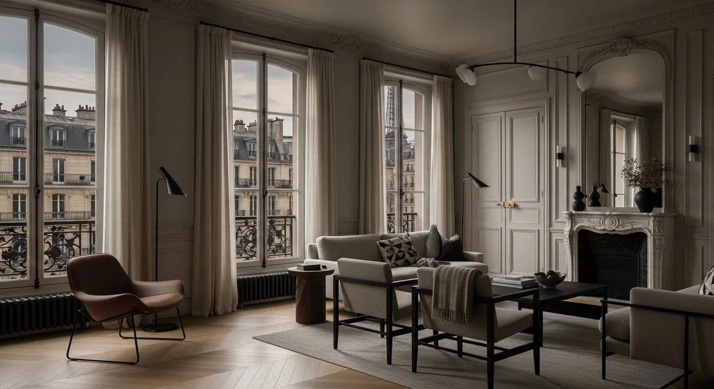 Elegant living room with large windows, cream curtains, and classic Parisian architecture views. Modern furniture including a beige sofa, armchairs, black coffee table, and floor lamps. Fireplace with decorative detailing and dark vases on mantel.