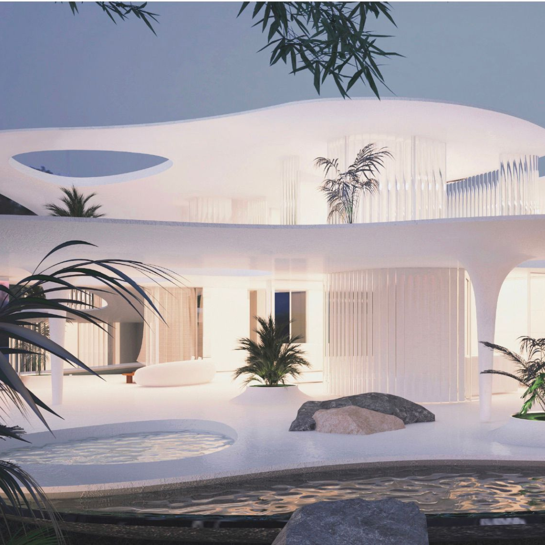 Modern white building with curved architecture, surrounded by palm trees and rocks, with small pools in the courtyard, during dusk or evening.
