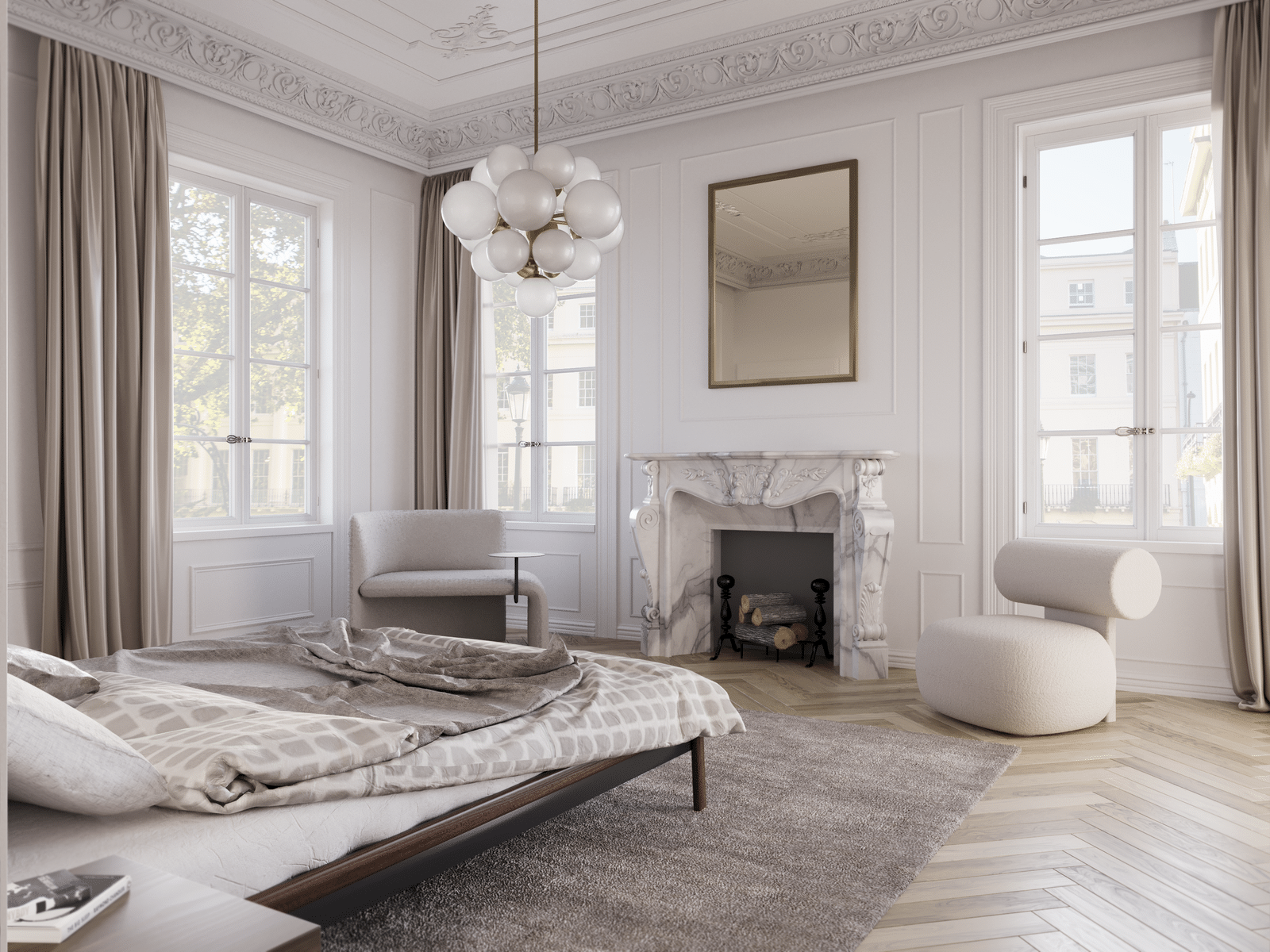 Bright bedroom with large windows, a marble fireplace, a mirror above the fireplace, modern furniture, and a decorative chandelier.