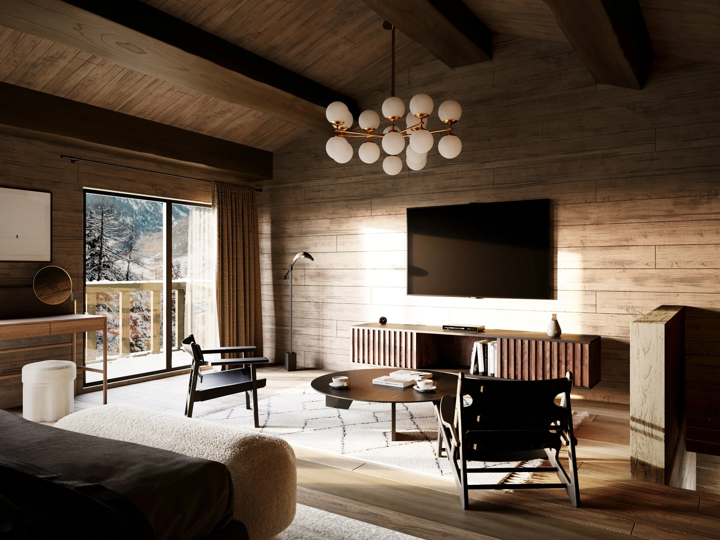 Modern living room with wood-paneled walls, a sliding glass door with a view of snow-covered trees, and stylish black chairs around a round coffee table with cups, books, and a remote.