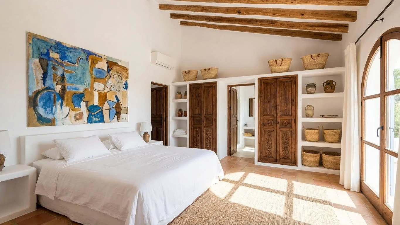 A bedroom with a large bed, round nightstands with lamps, abstract artwork above the bed, white walls, wooden ceiling beams, built-in shelves with baskets and pottery, natural light from large arched window with white curtains.