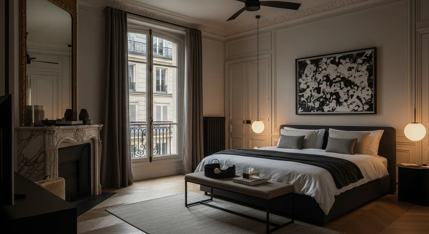 Elegant bedroom with a large bed, nightstands with spherical lamps, a bench at the foot of the bed, a decorative fireplace, large windows with curtains, and artwork on the wall.