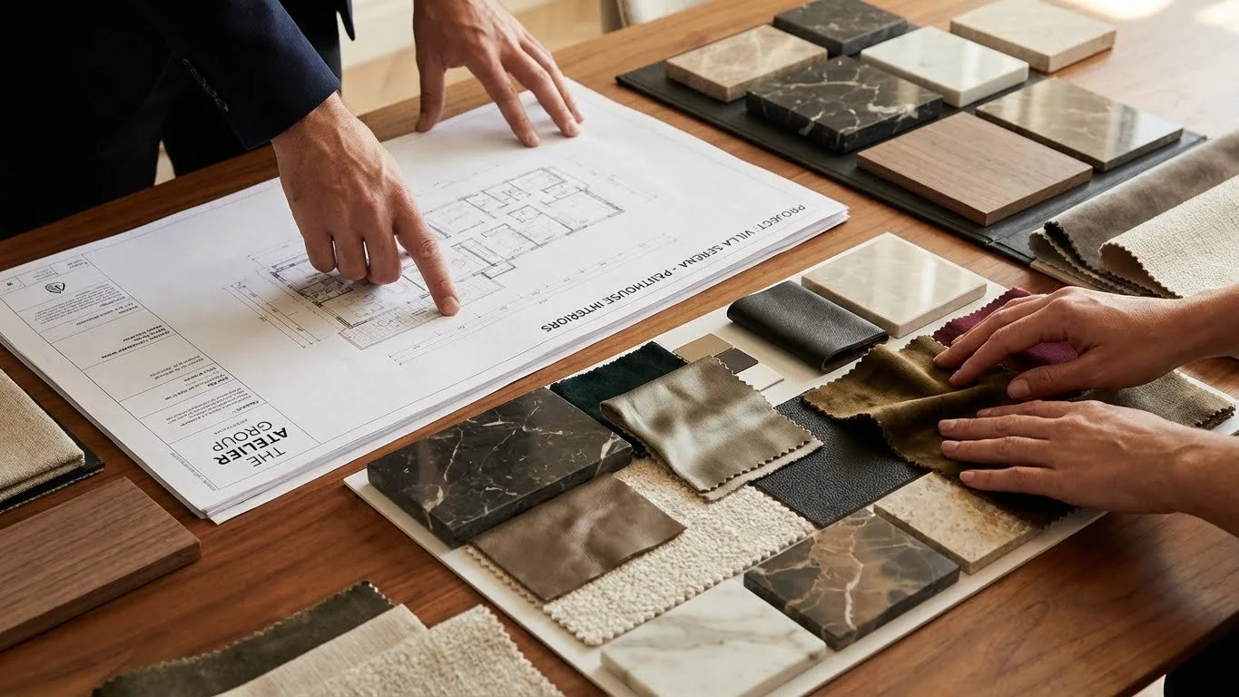 People reviewing a floor plan with various tile, stone, and fabric samples on a wooden table.