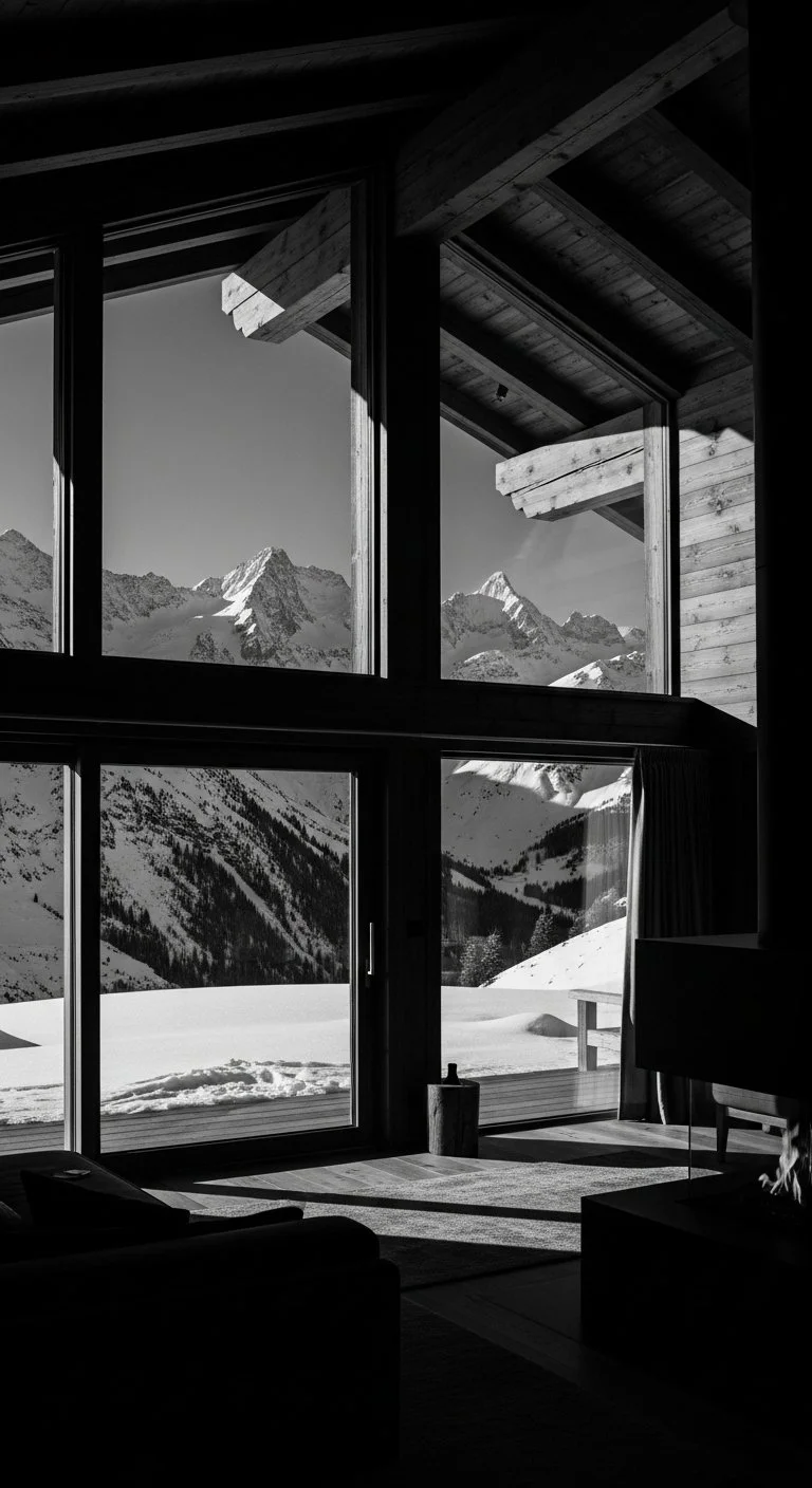 Black and white photo of a mountain view through large glass windows and a sliding door in a wooden cabin interior.