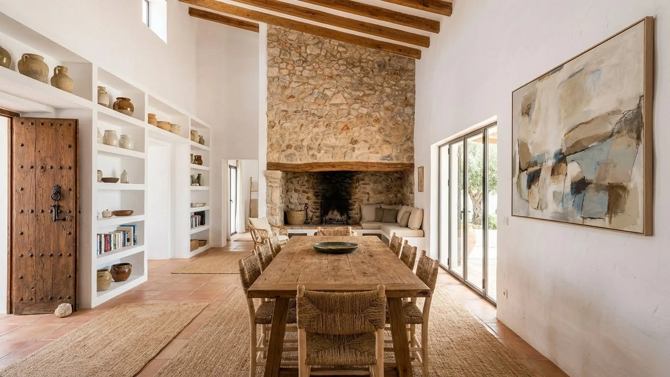 A dining room with a rustic wooden dining table and chairs, a stone fireplace with a wooden beam mantel, built-in white shelves with pottery and books, large sliding glass doors, a large abstract painting on the white wall, and sunlight streaming in.