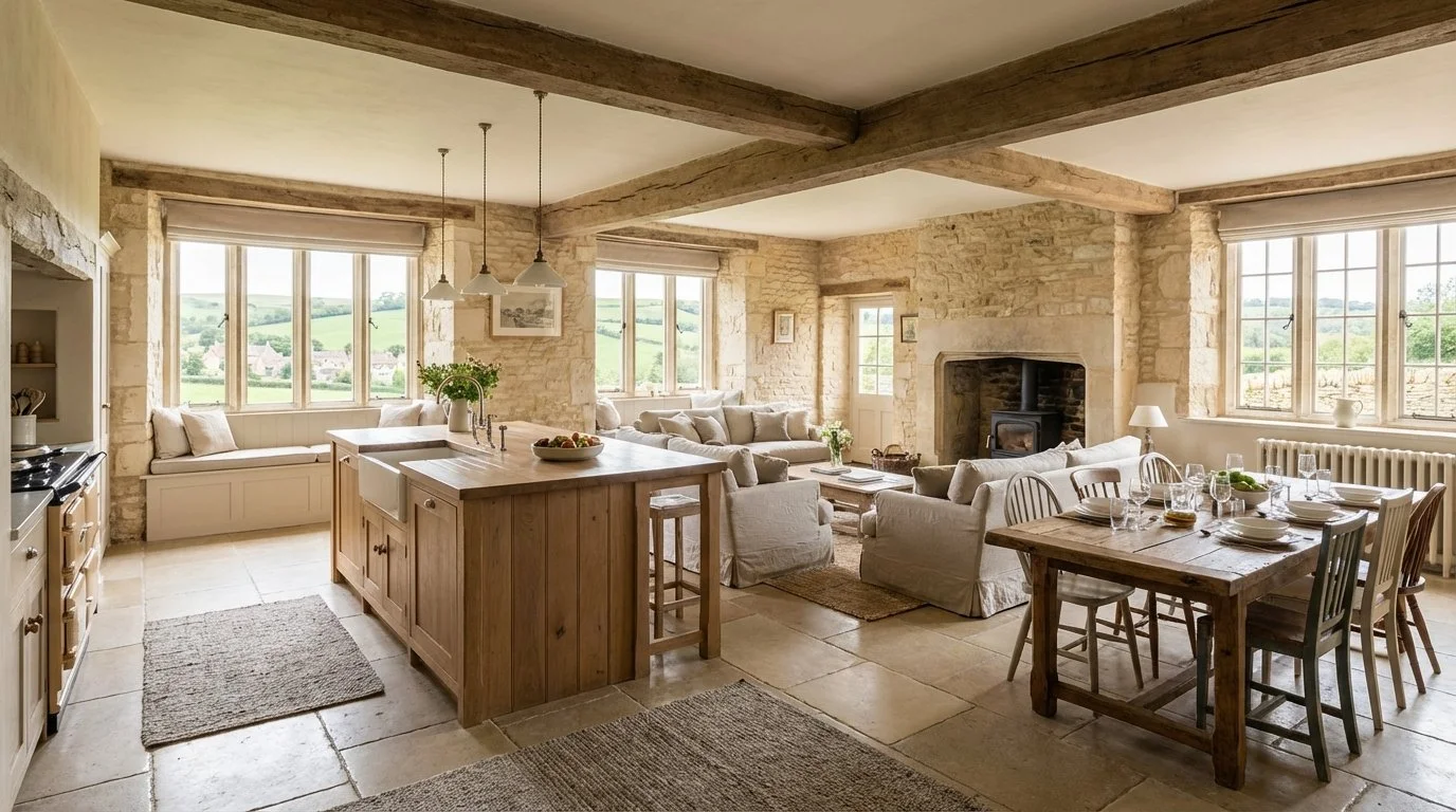 Open living room and kitchen area with stone walls, large windows, and wooden beams, featuring a kitchen island, dining table with chairs, and a cozy seating area with sofas around a fireplace.