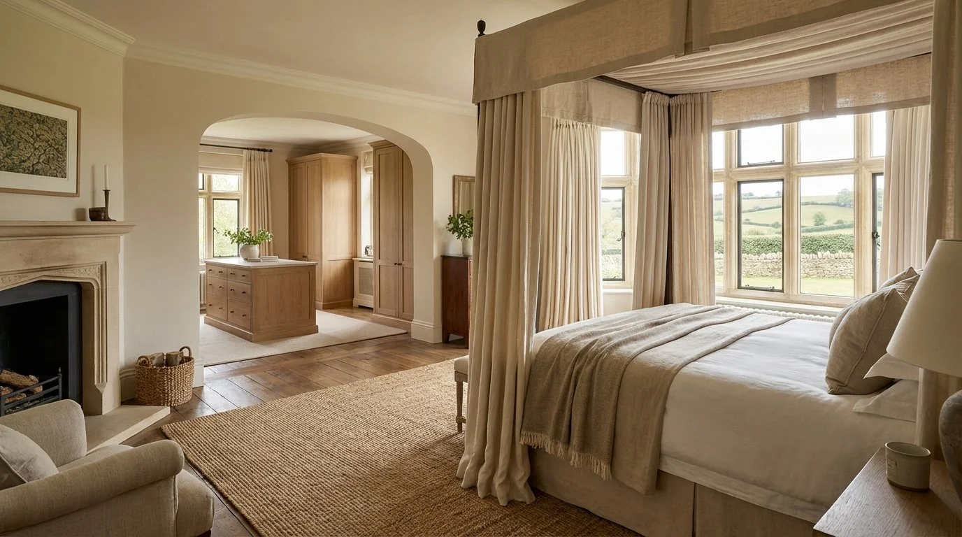 A bedroom with a four-poster bed overlooking a scenic countryside, a fireplace, beige curtains, a rug, and wooden furniture.