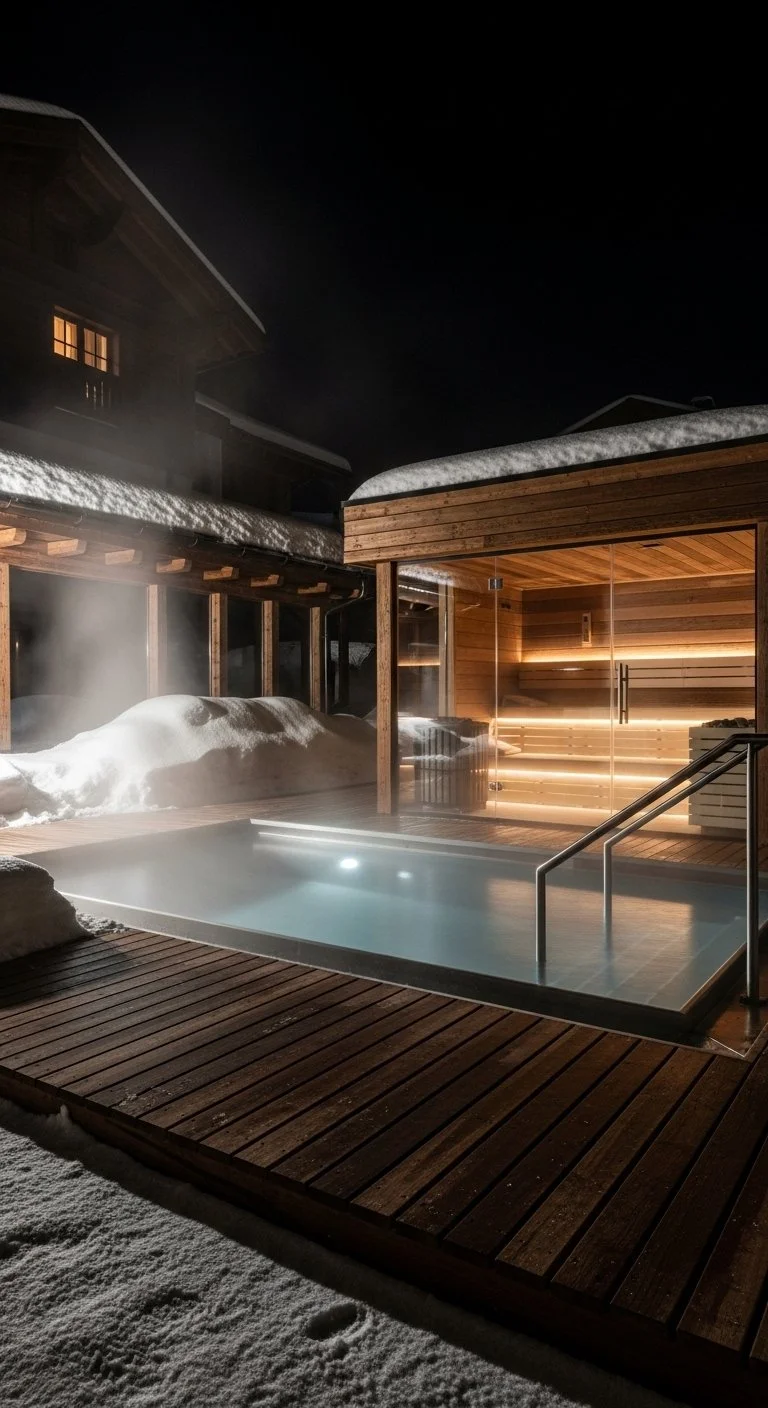 Outdoor hot tub or pool with steam rising, surrounded by snowy landscape at night, with a wooden hot tub house and snow-covered roof.