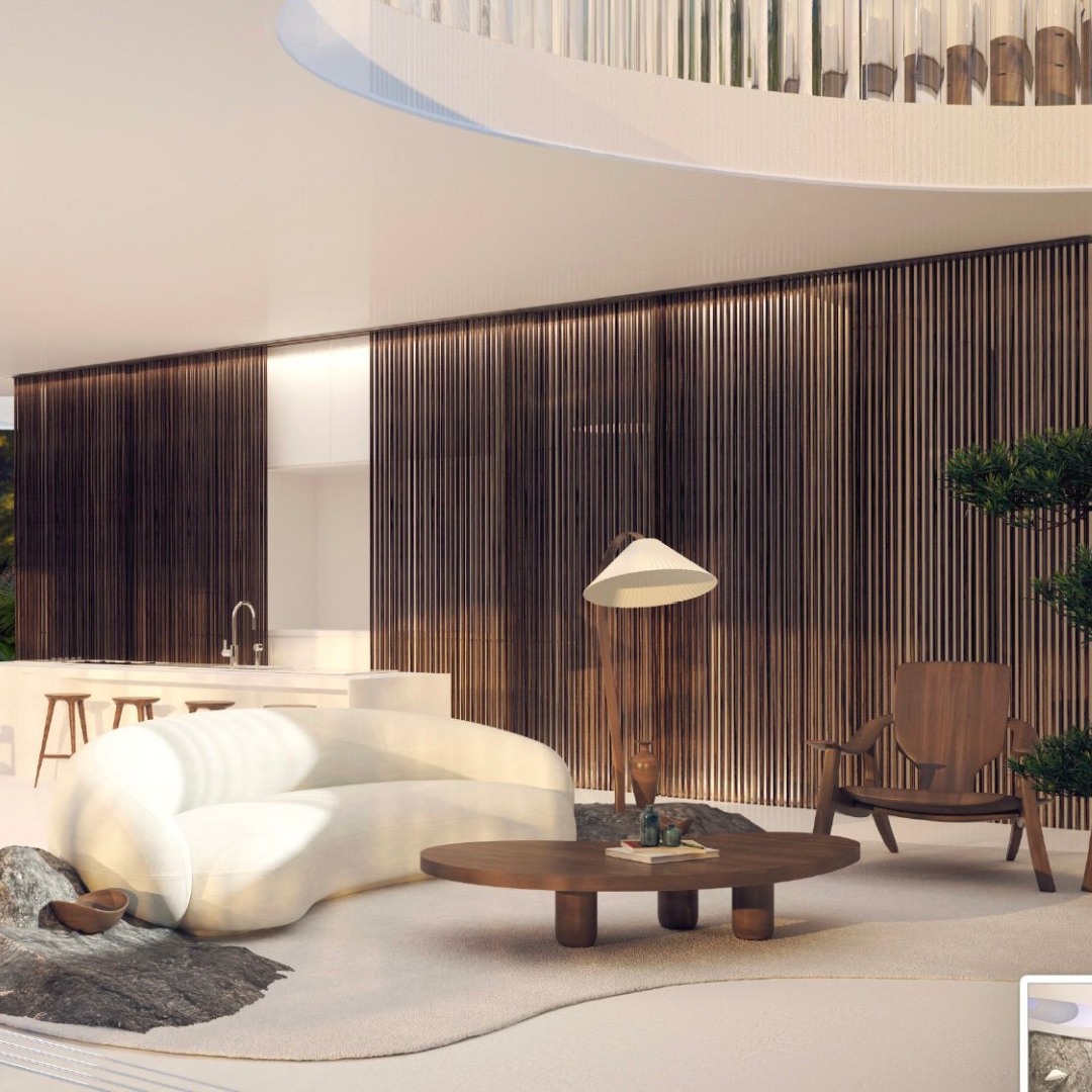 Modern living room with a white curved sofa, wooden coffee table, and armchair, featuring vertical wooden slat wall and a floor lamp, with a plant on the right side.