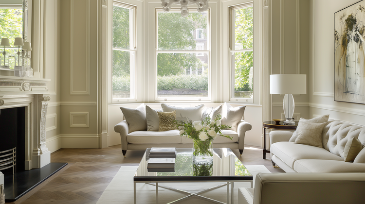 Bright living room with large windows, white sofas, a glass coffee table with books and a vase of flowers, and a fireplace